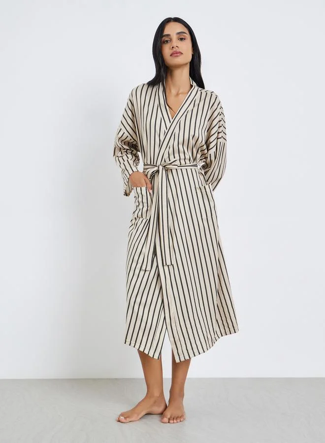 Styli Beige Striped Long Sleeve Robe